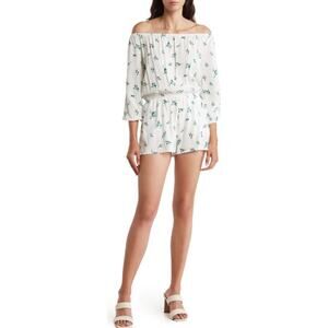 NEW LOVE ADY White Printed Off The Shoulder One-Piece Romper Size S